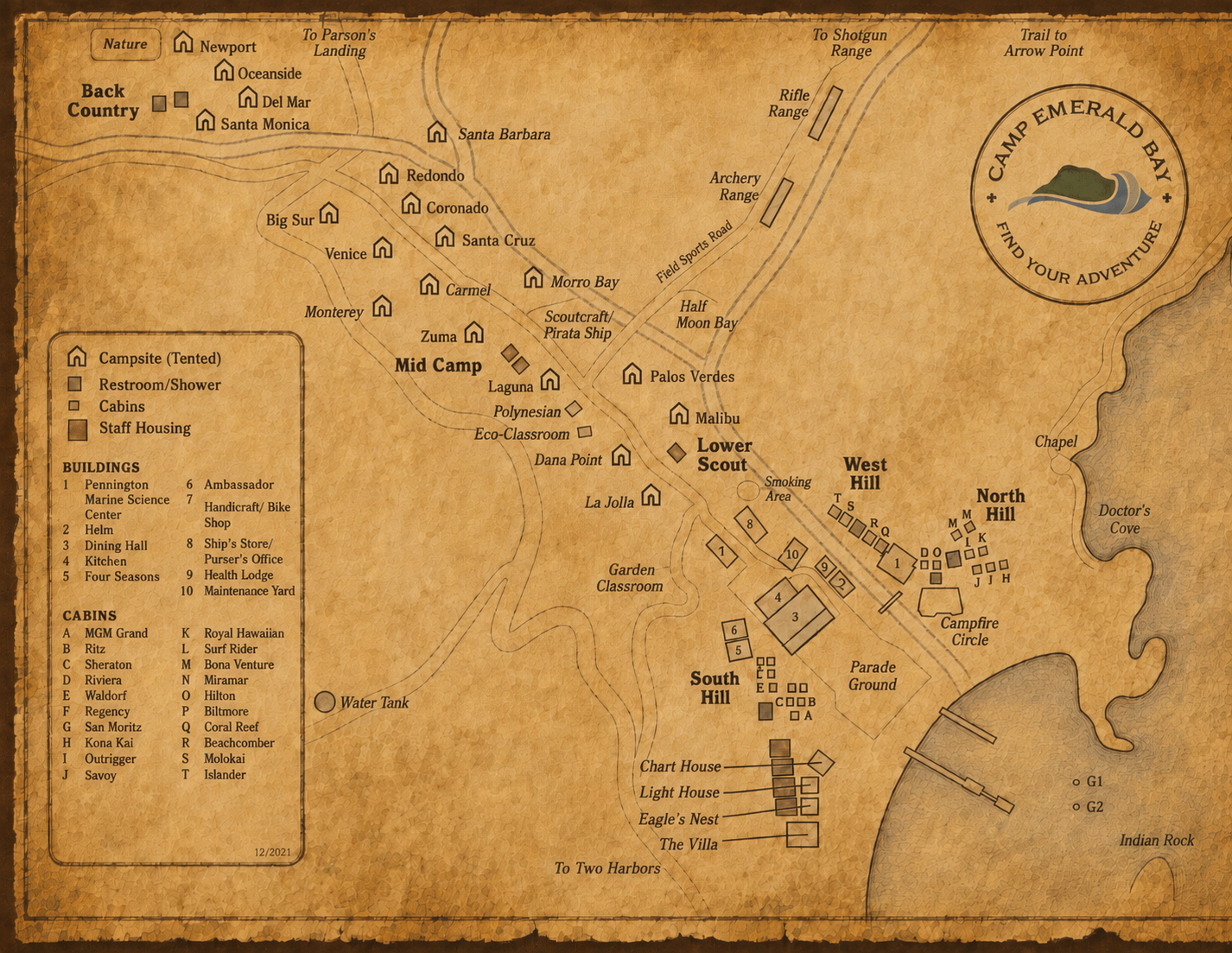 Illustrated map of Camp Emerald Bay showing buildings, staff cabins, and campsites.